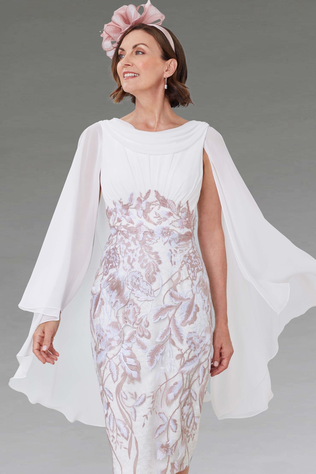 Short Fitted Dress with Chiffon Cape. 33697