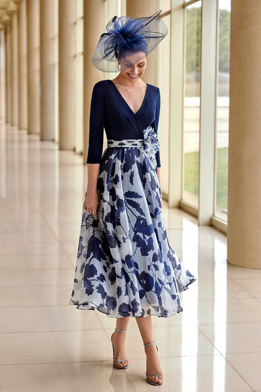 Mid Length Dress with V Neck, Sleeves and Floral Chiffon Skirt. 2G846 - Image 2