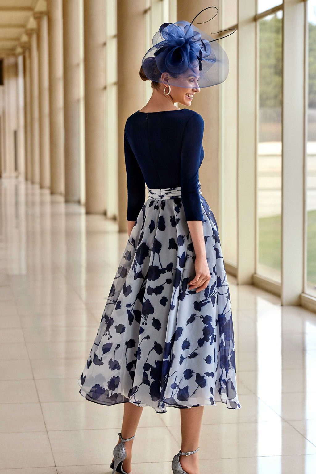 Mid Length Dress with V Neck, Sleeves and Floral Chiffon Skirt. 2G846 - Image 3