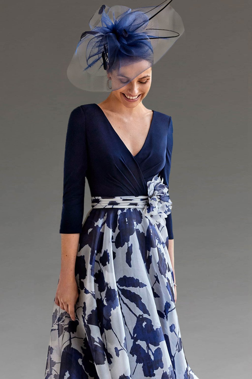 Mid Length Dress with V Neck, Sleeves and Floral Chiffon Skirt. 2G846