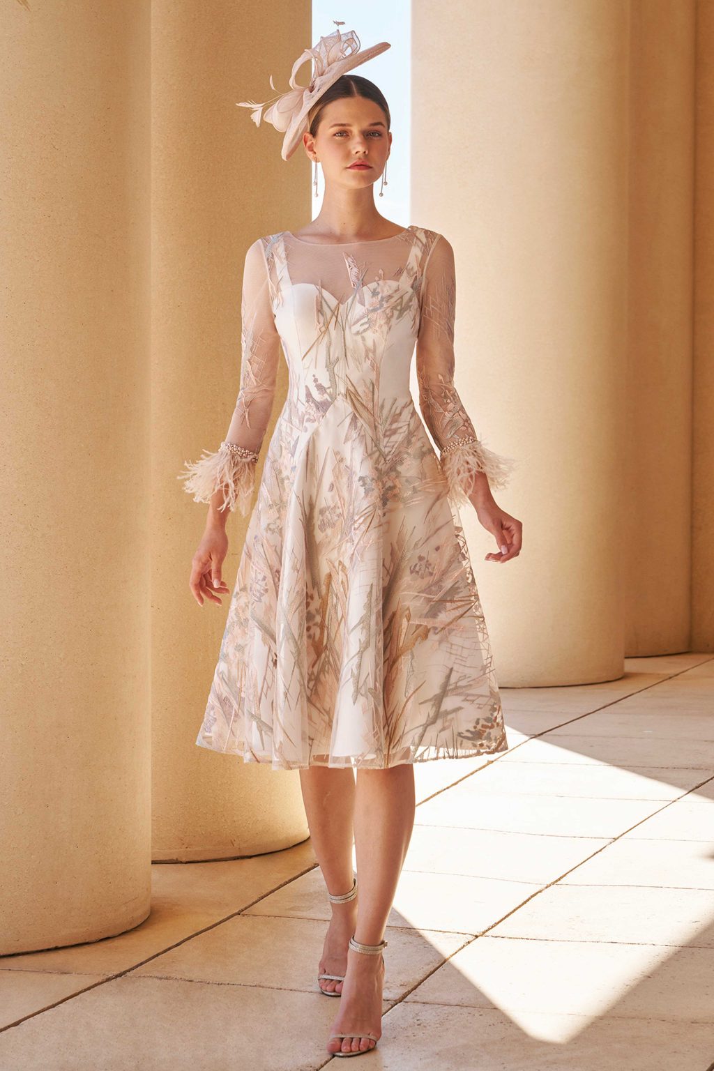 Short Fit and Flare Dress with Sleeves and Feather Cuffs. 2G8E3 - Image 2