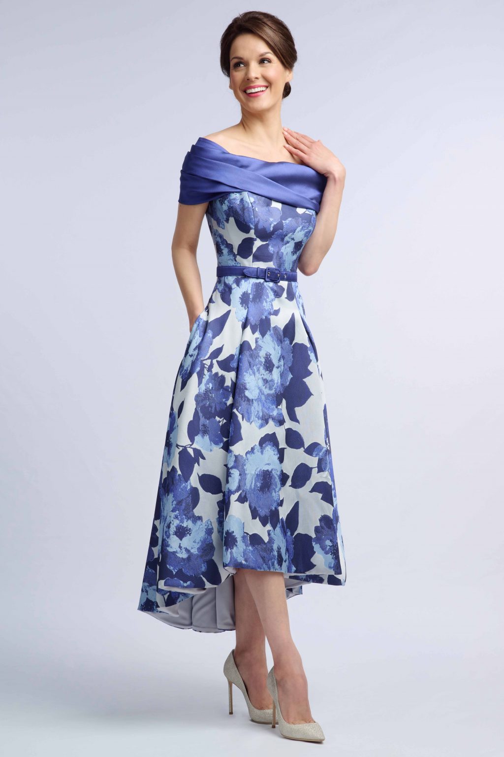 Mid Length Fit and Flare Bardot Dress with Dipped Hem. Chelmsford - Image 2