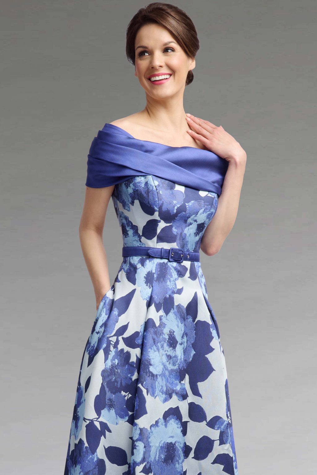 Mid Length Fit and Flare Bardot Dress with Dipped Hem. Chelmsford