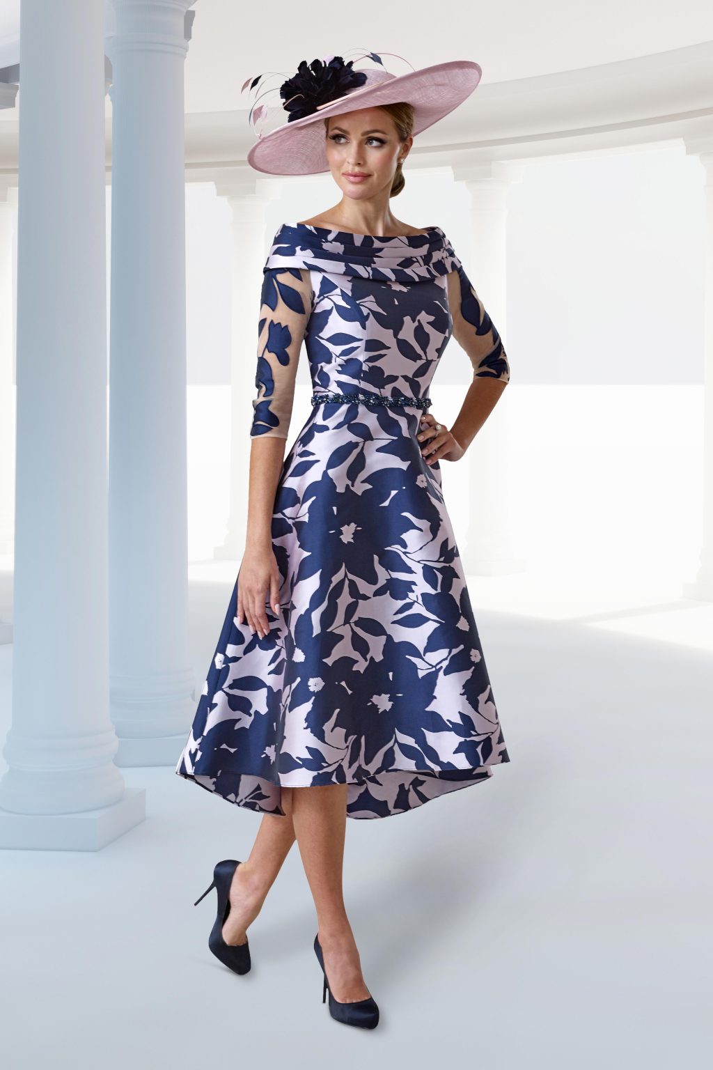 Mid Length High Low Dress with Illusion Sleeves and Bardot Collar