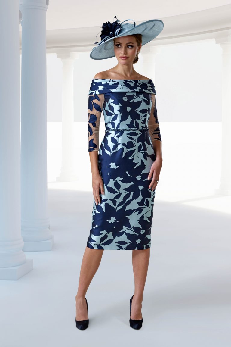 Short Fitted Dress With Illusion Sleeves And Bardot Neckline Ir6046 Catherines Of Partick