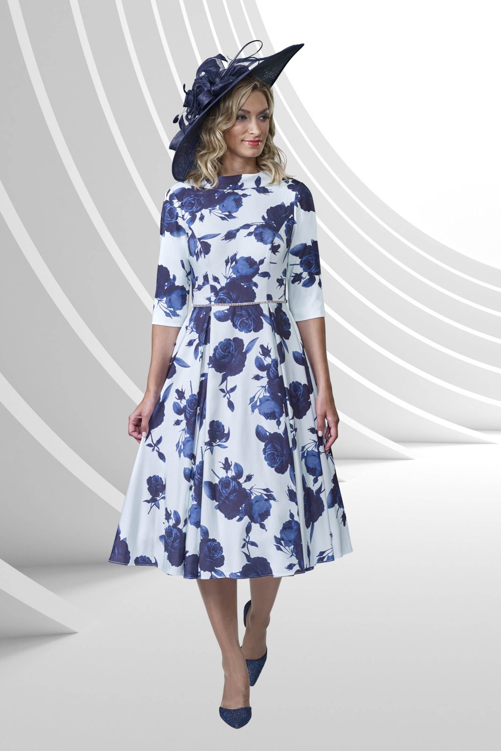 Mid Length Dress with Sleeves and Full Skirt. VO1855 - Image 2