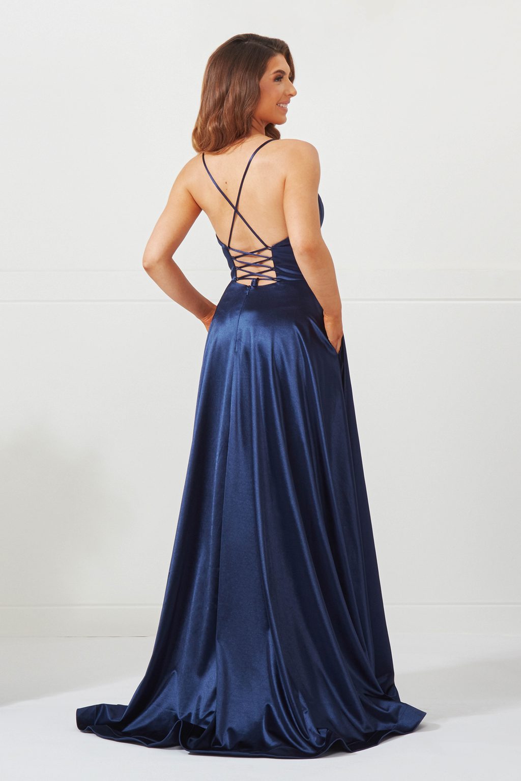 Long Satin A Line Dress with Concealed Split and Spaghetti Straps. AF6679 - Image 4