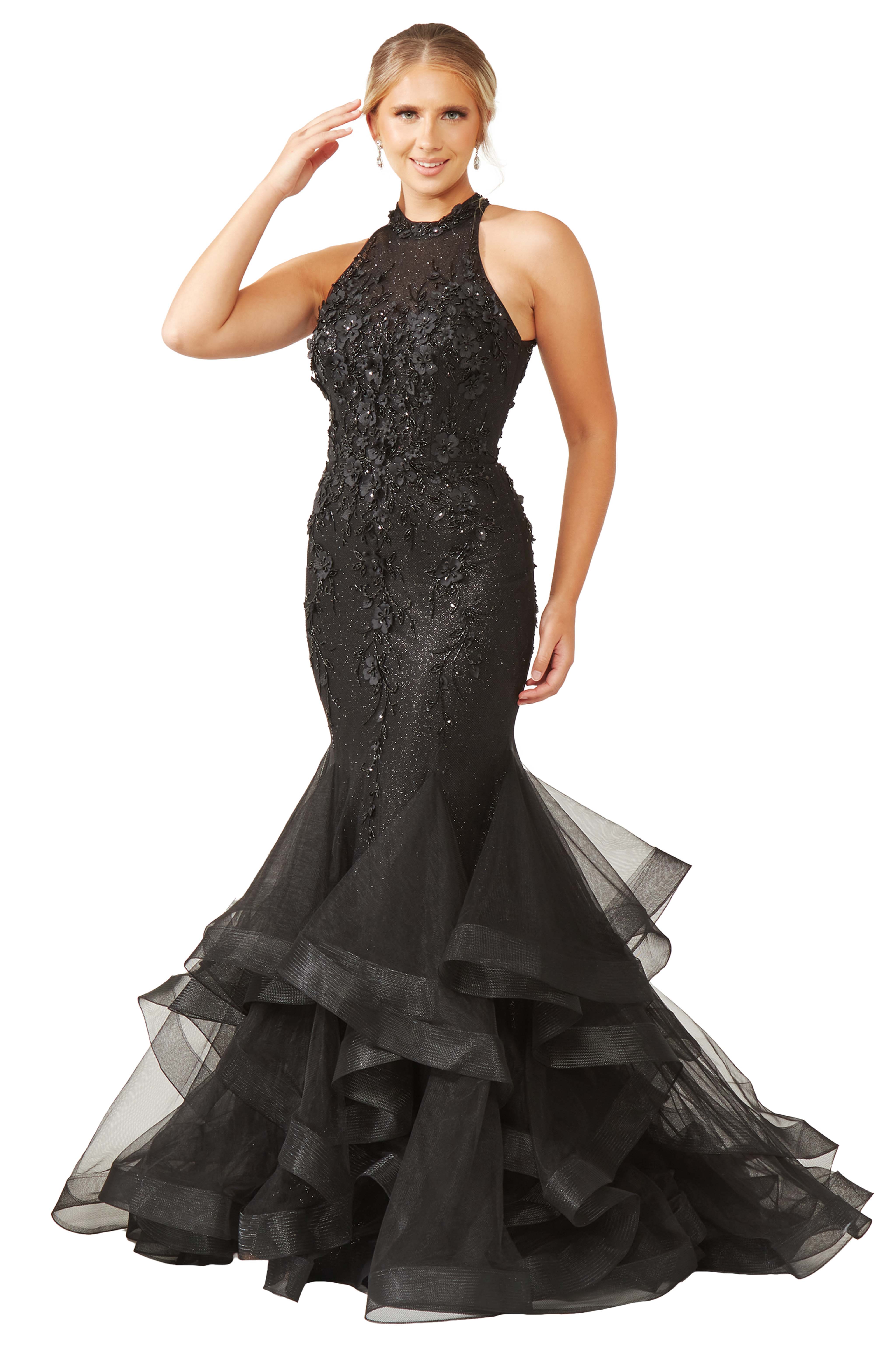 Designer Satin Black Halterneck Dress, Luxury Eveningwear Dress