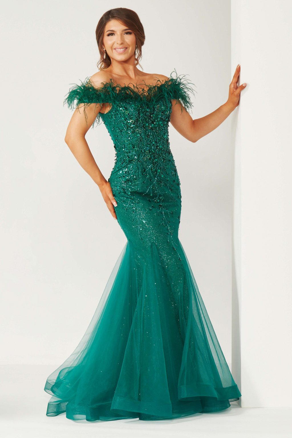 Floor Length Fishtail Embellished Dress with Feathers. AF5693 - Image 2