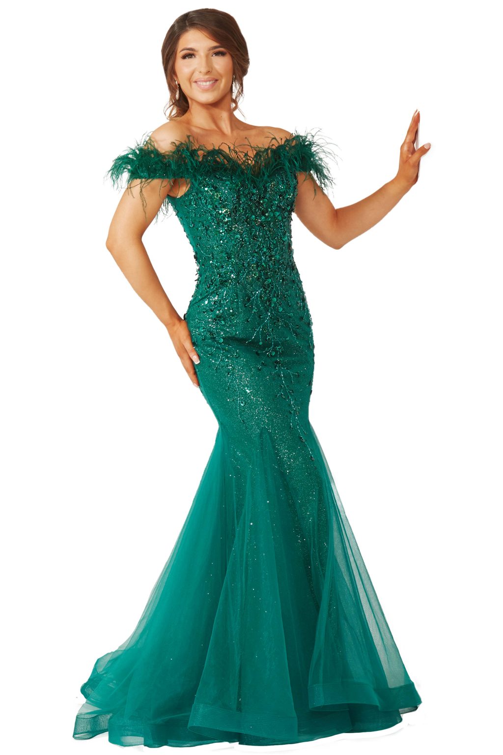 Floor Length Fishtail Embellished Dress with Feathers. AF5693