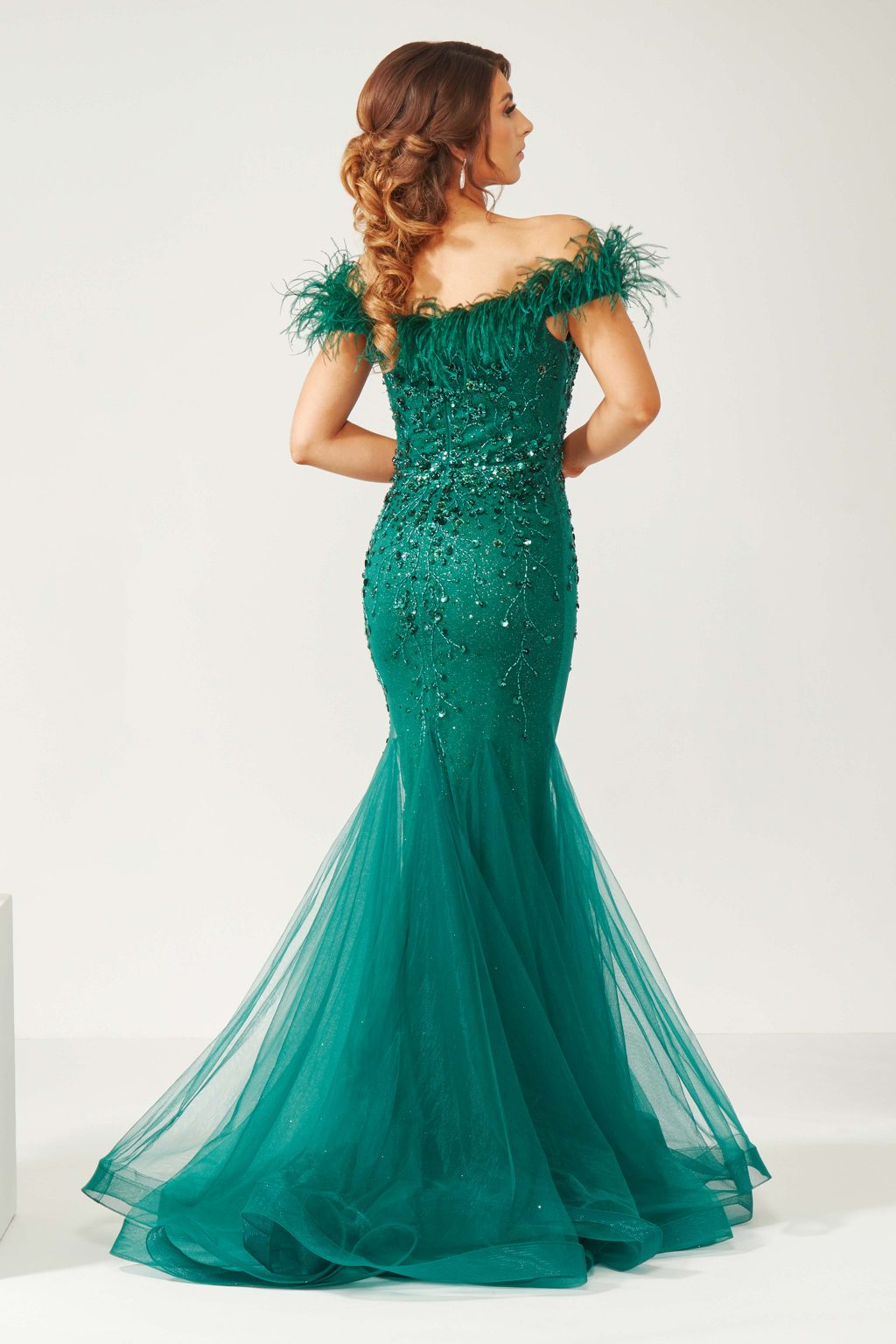Floor Length Fishtail Embellished Dress with Feathers. AF5693 - Image 3