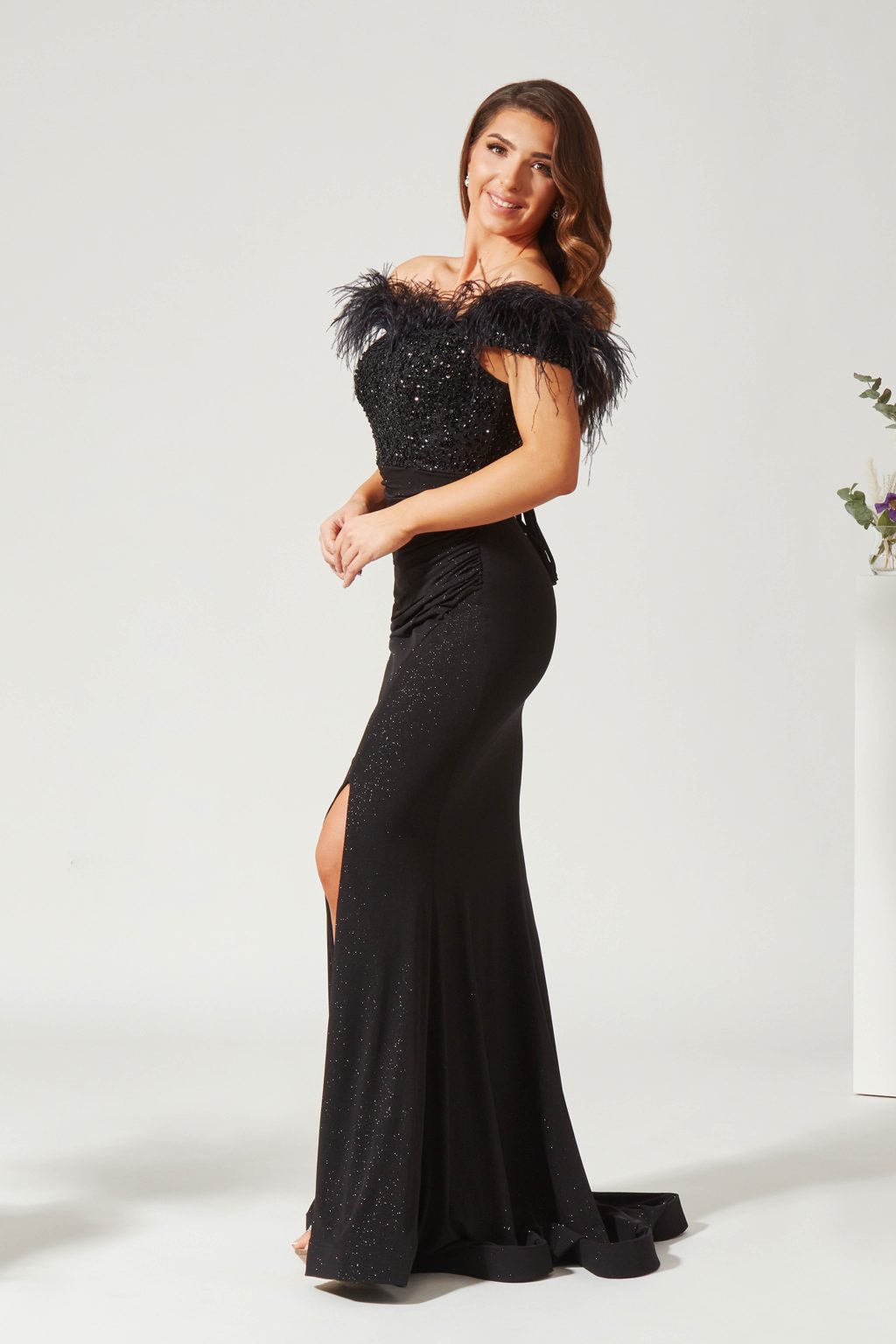 Floor Length Feather Bardot Fitted Dress with Split. AF5672 - Image 2