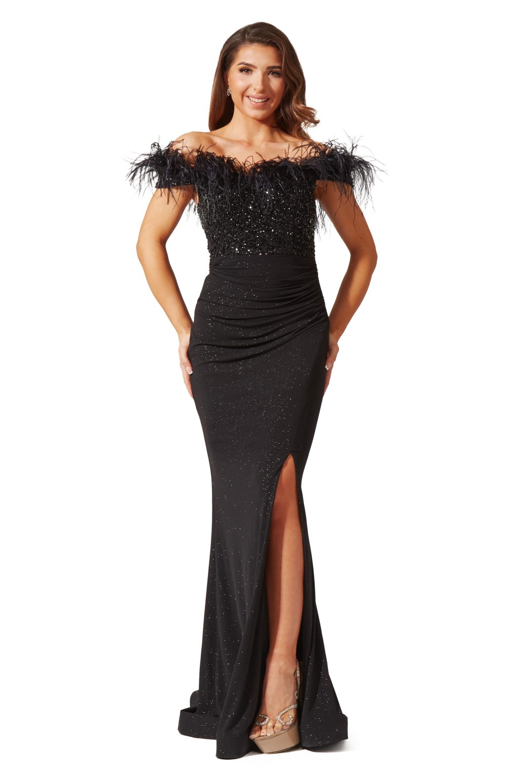 Floor Length Feather Bardot Fitted Dress with Split. AF5672