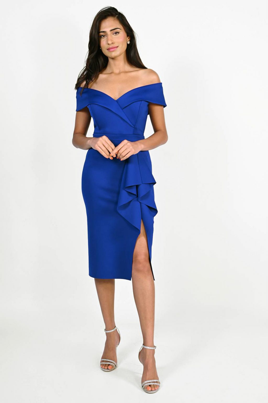 Short Fitted Bardot Dress with Ruffle. 770836 - Image 2