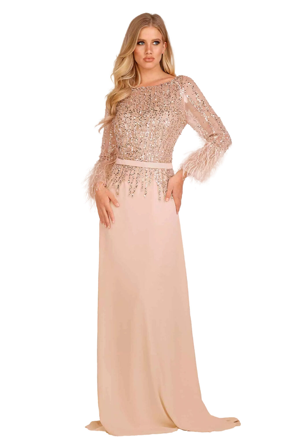 Full Length Dress With Feather Trimmed Sleeves. 8078M9523