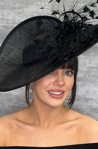 Stylish black hat with feathers and netting for special occasions.