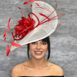 White Saucer Hat with Red Feather Floral Design M97( Ivory/red) Kentucky Derby Hat, Church Hat, Wedding Hat  main image 3