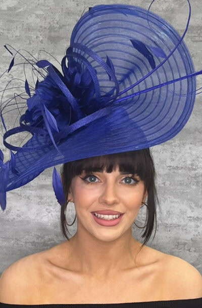 Elegant blue hatinator with quills and feathers for special occasions.