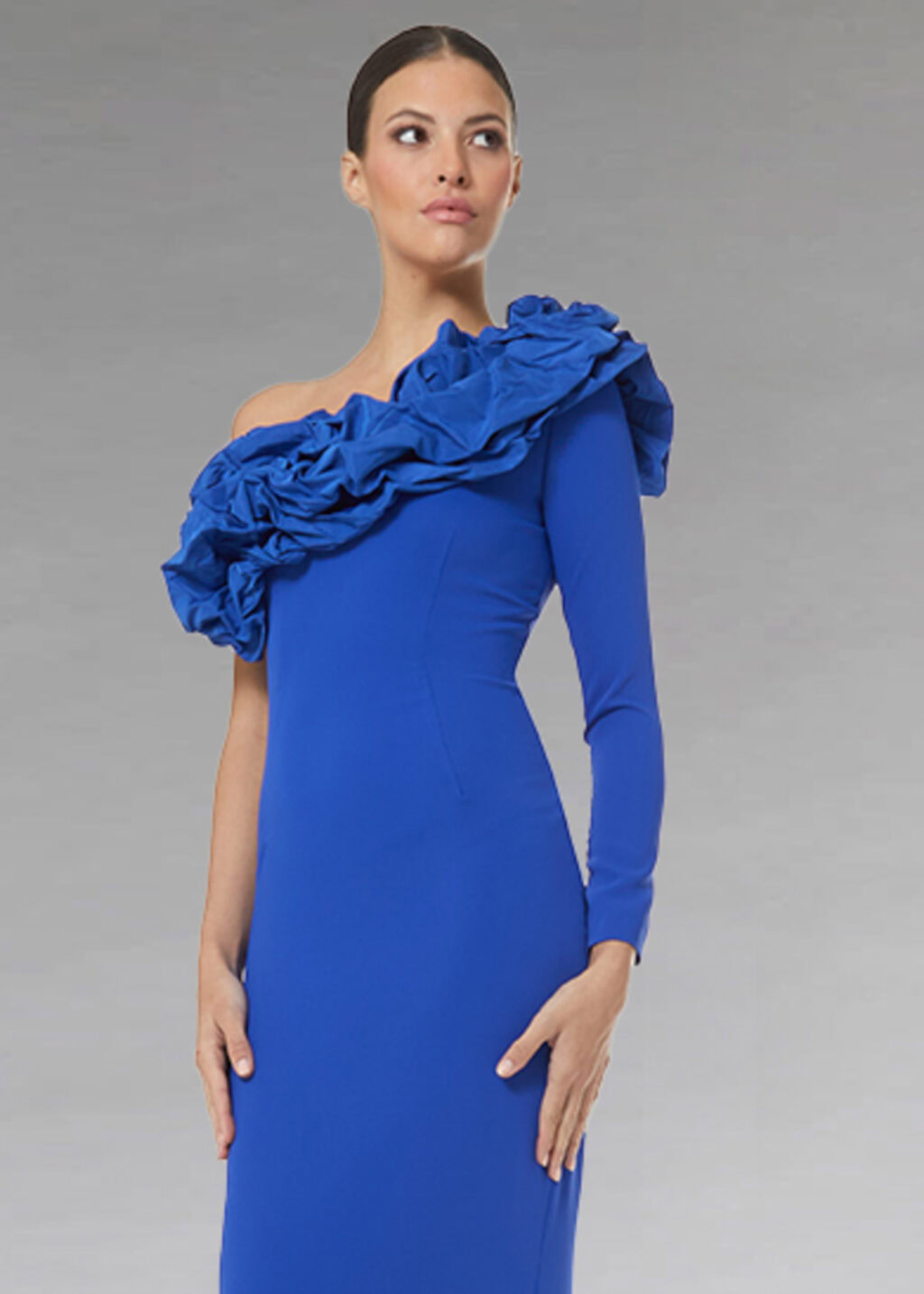 Mid Length Dress With Asymmetric Neckline. 51016. Size 10, 12 + 14.