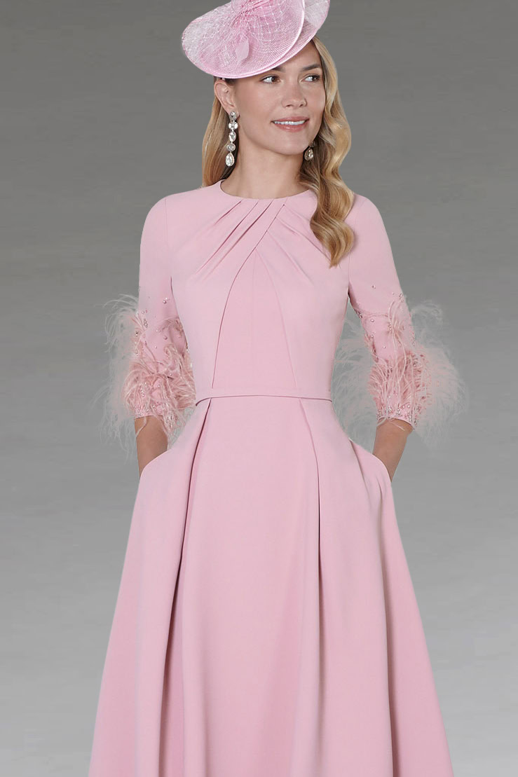Dipped Hem Dress With Feather Trimmed Cuffs. 8G1N2 - Catherines of Partick Dipped Hem Dress With Feather Trimmed Cuffs. 8G1N2 - Catherines of Partick