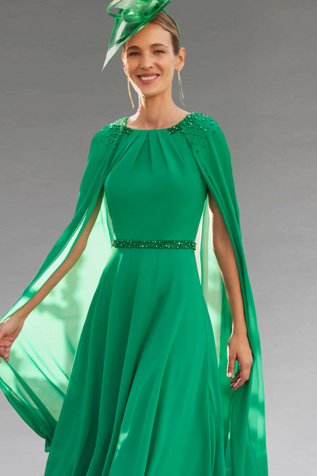 Mid Length Chiffon Dress With Cape Detail. 8G1P8 Catherines of Partick