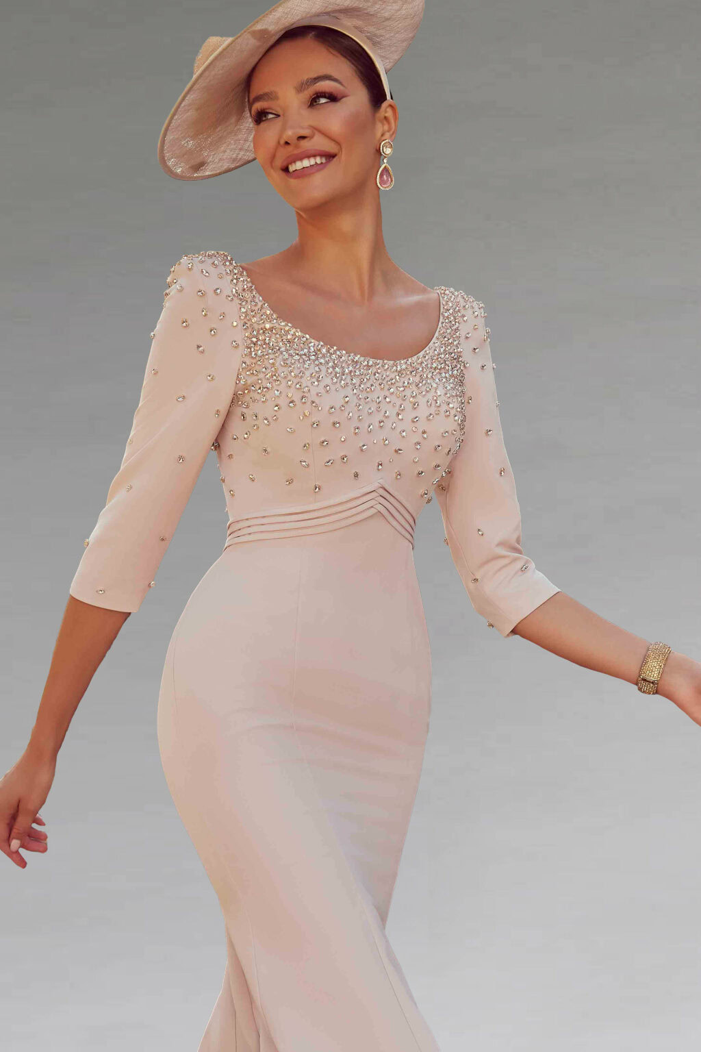 Mid Length Fitted Dress With Fluted Skirt. 992404