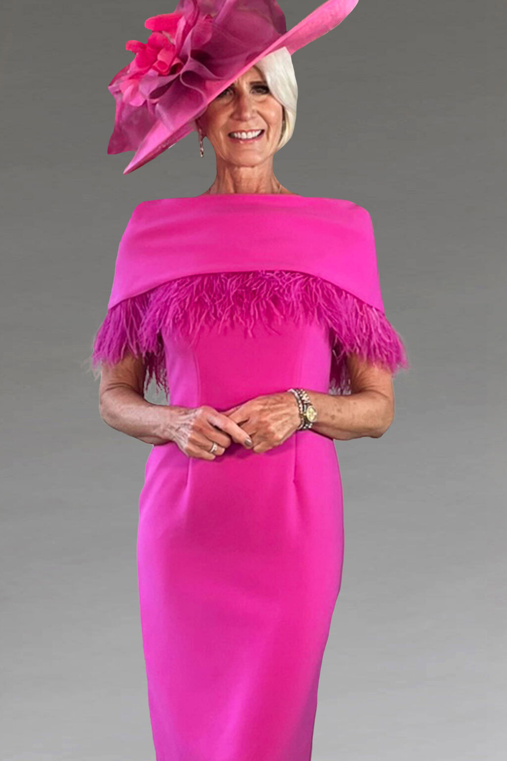 Short Fitted Dress And Feather Trimmed Collar. 51509