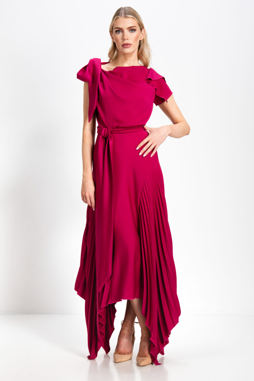 Draped Dress with Dramatic Hem Line. Emilia Pleat Knee.