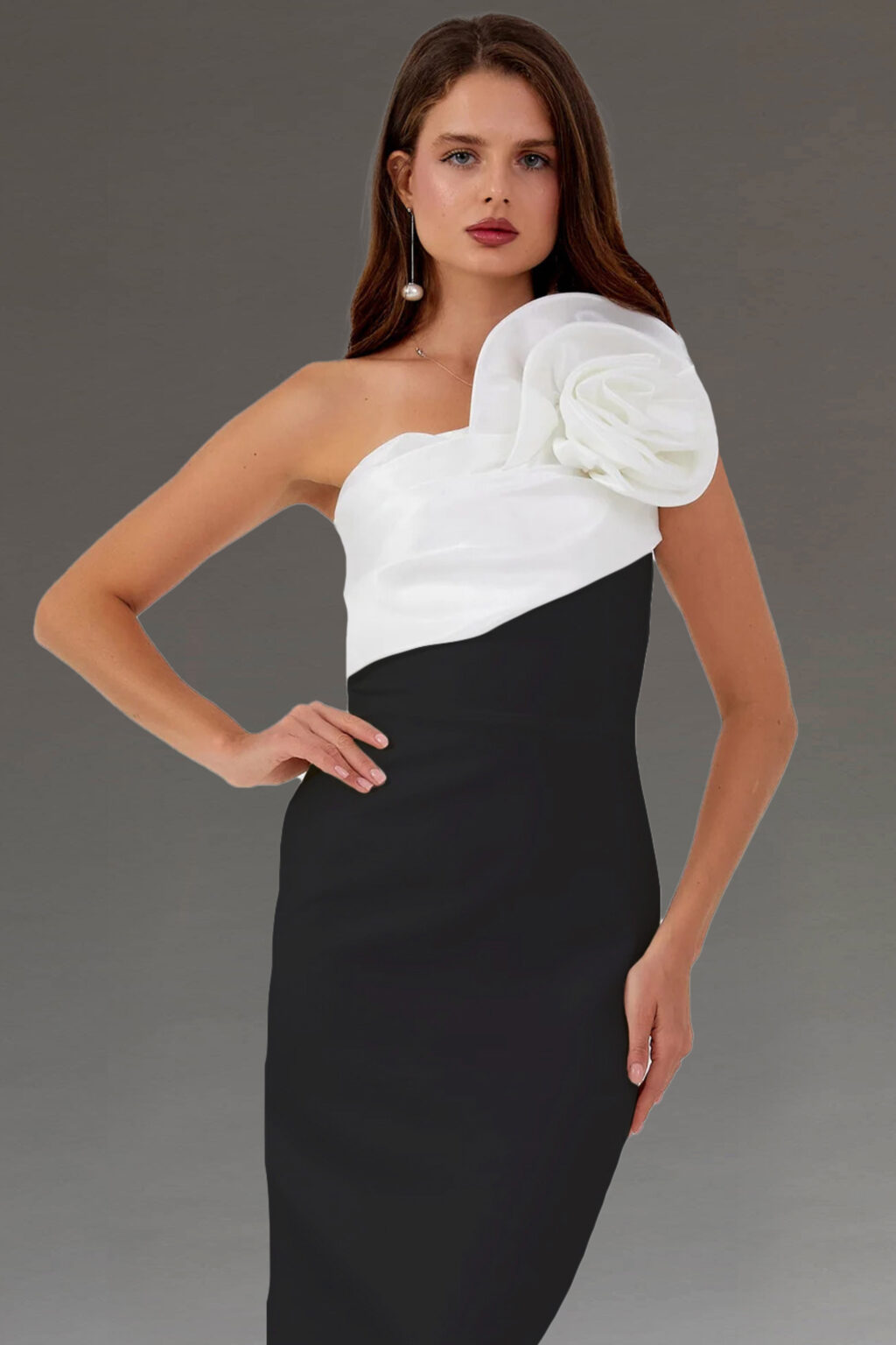 Full Length Dress With Large Shoulder Detail. Flora