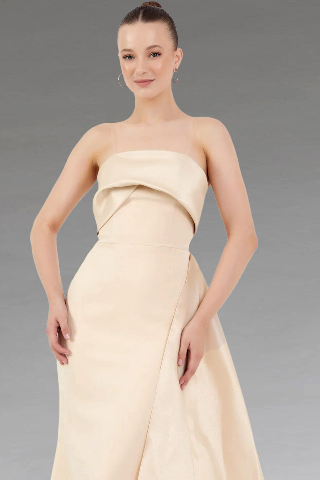 Full Length Strapless Dress With Fold Over Bodice. Celeste