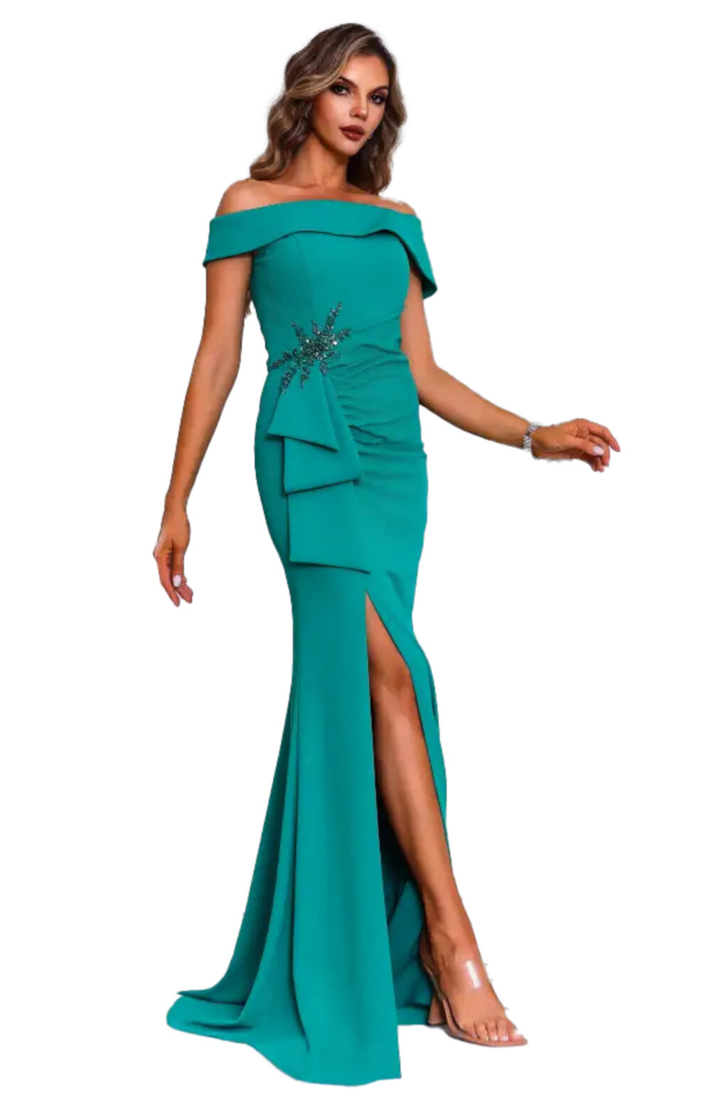 Full Length Bardot Dress With Ruffle. 251M4444