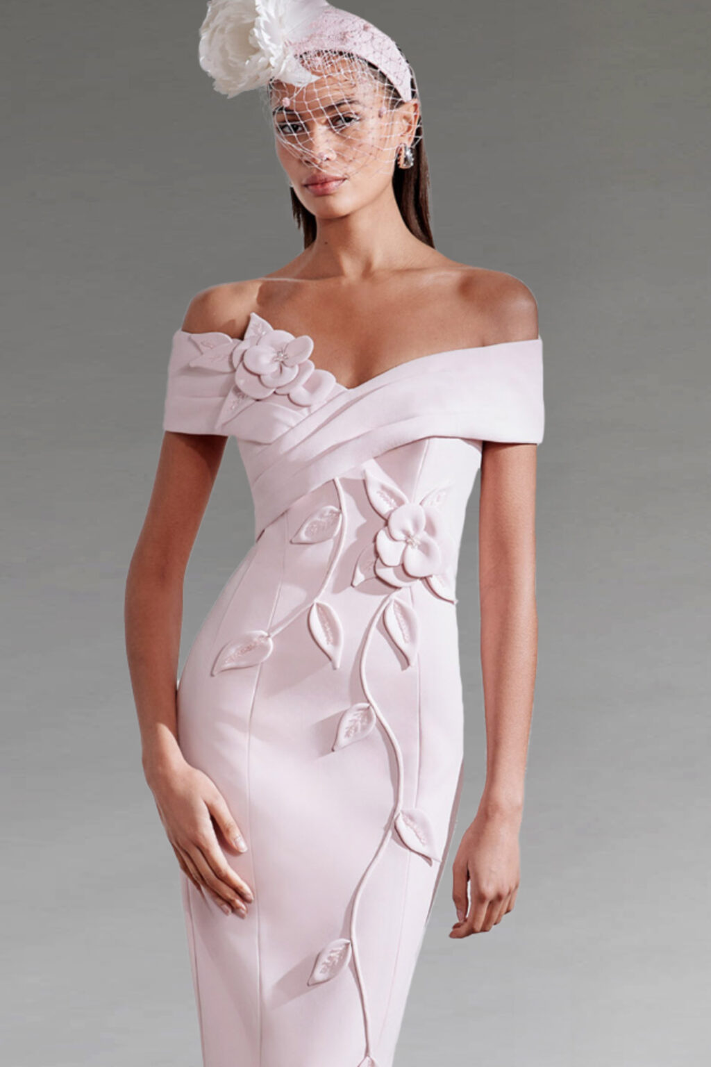 Bardot Fitted Dress with 3D Flower Accents. 29280.
