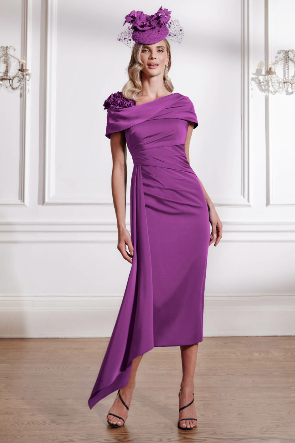 3D Floral Shouldered Dress with Side Cape Detail. 29291. - Image 2