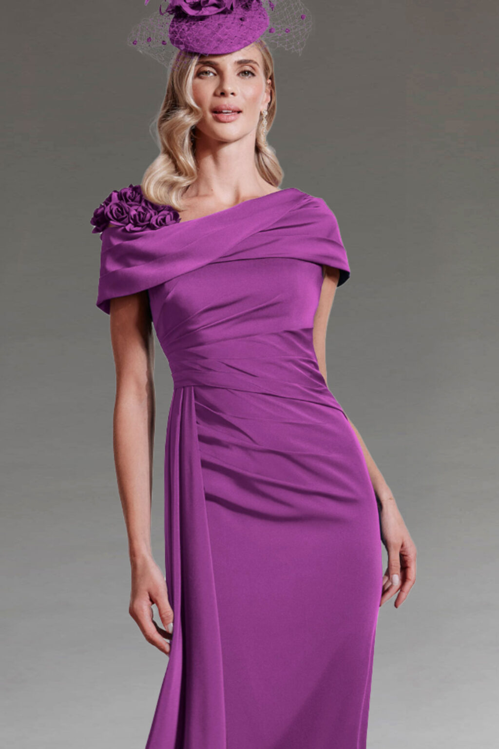 3D Floral Shouldered Dress with Side Cape Detail. 29291.