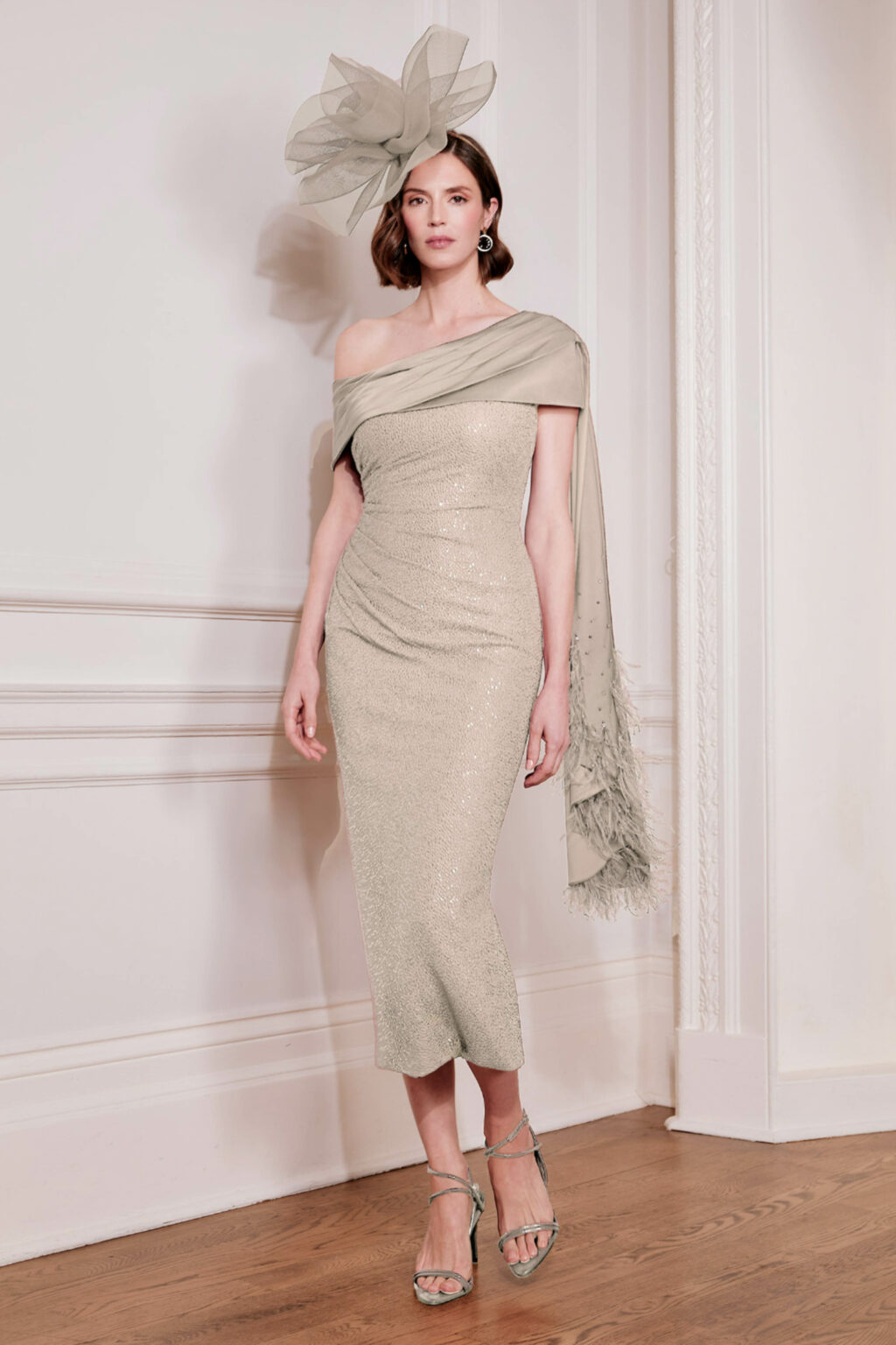 Midi Dress With Feathered Satin Scarf. 29282. - Image 2