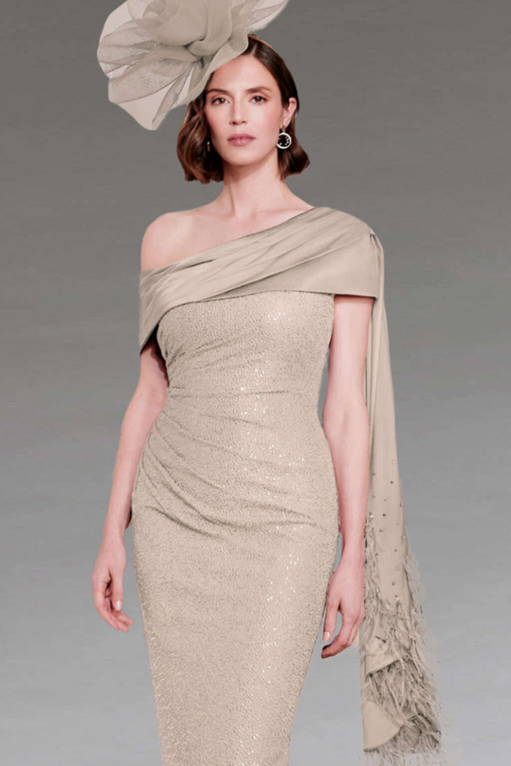 Midi Dress With Feathered Satin Scarf. 29282.