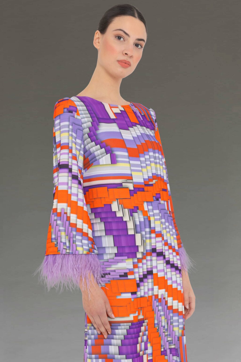 Short Tunic Style Dress With Feather Trim. 52095