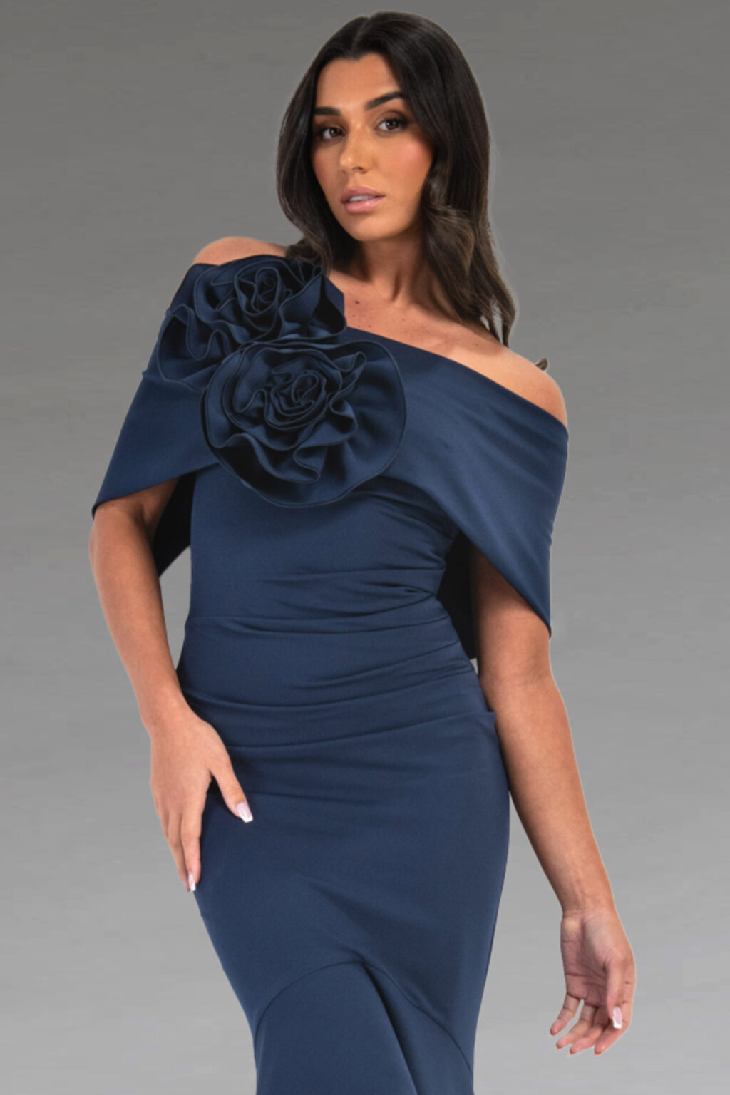 Mid Length Dress With Fishtail Hemline. Arabella Rosette Flare