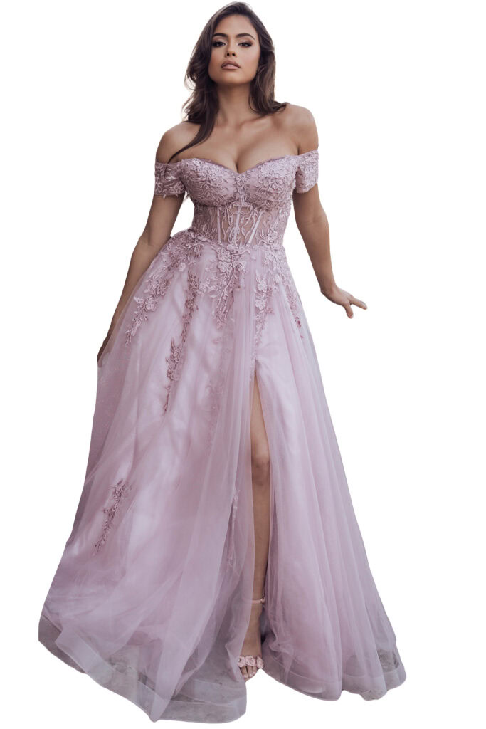 A woman models an elegant pink off-the-shoulder evening gown.