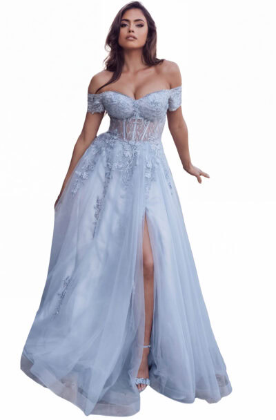 A woman modelling a light blue off-the-shoulder evening gown.