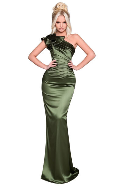 Blonde woman posing in an elegant olive green gown.