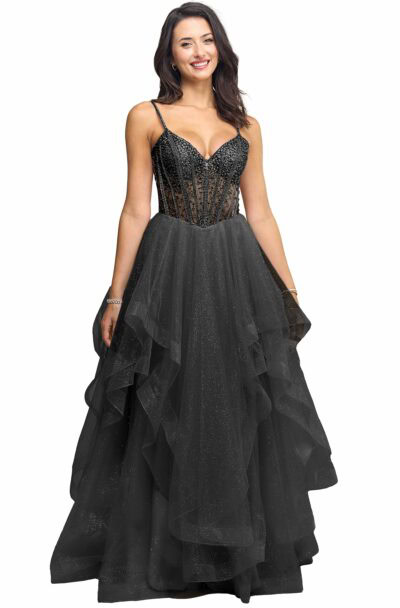 A woman wearing a black corset-style ball gown.