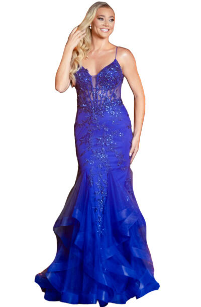 A blonde woman in an elegant royal blue gown.