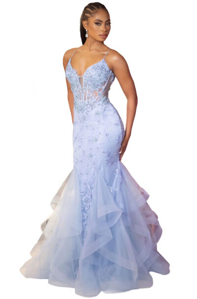 Woman wearing an embellished light blue mermaid evening gown.