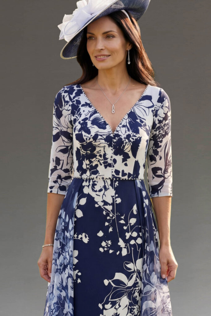 Woman in a blue and white floral dress and hat.