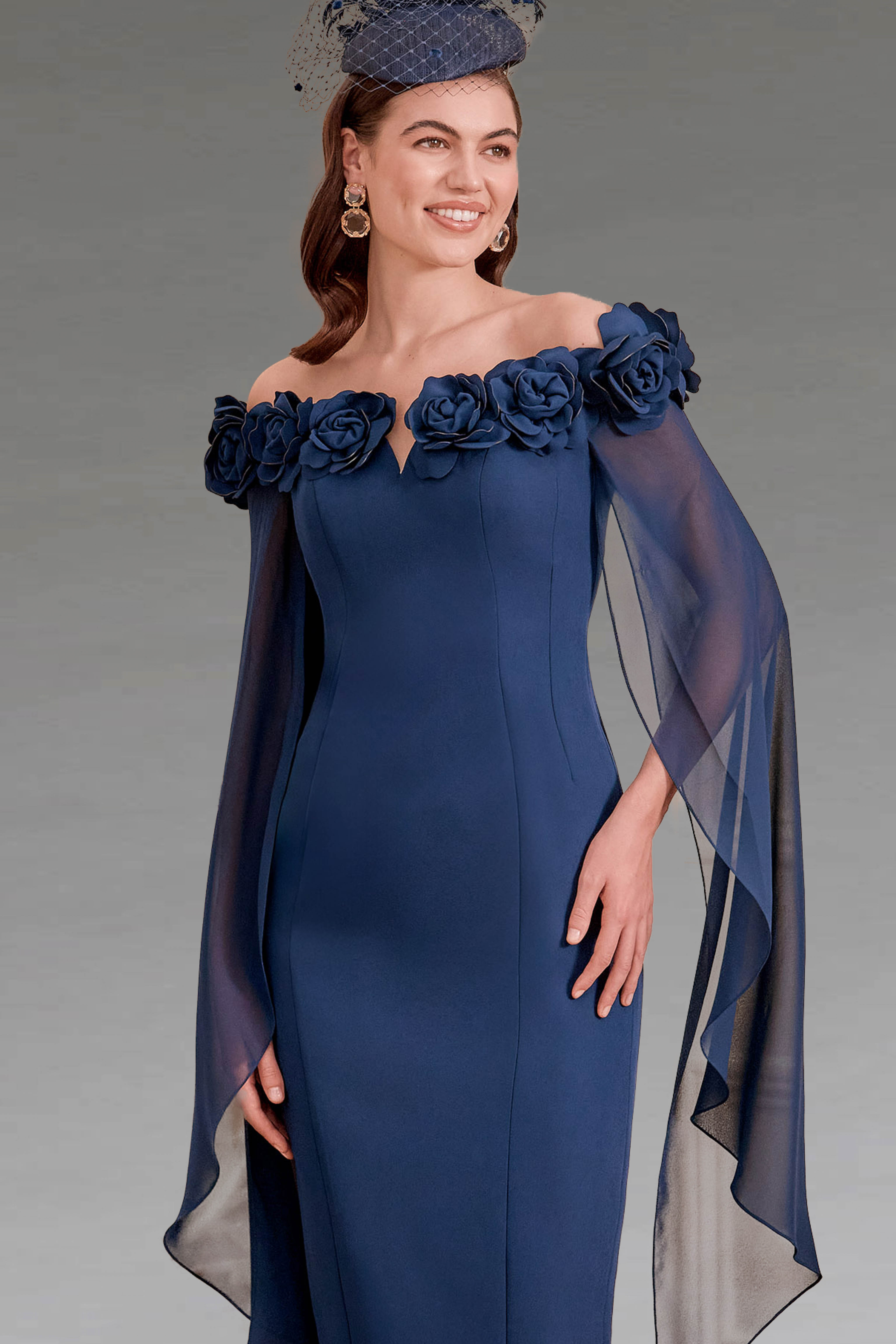 Mid Length Fitted Dress With Floral Bardot Neckline And Sleeves. 29395 - Catherines of Partick Mid Length Fitted Dress With Floral Bardot Neckline And Sleeves. 29395 - Catherines of Partick