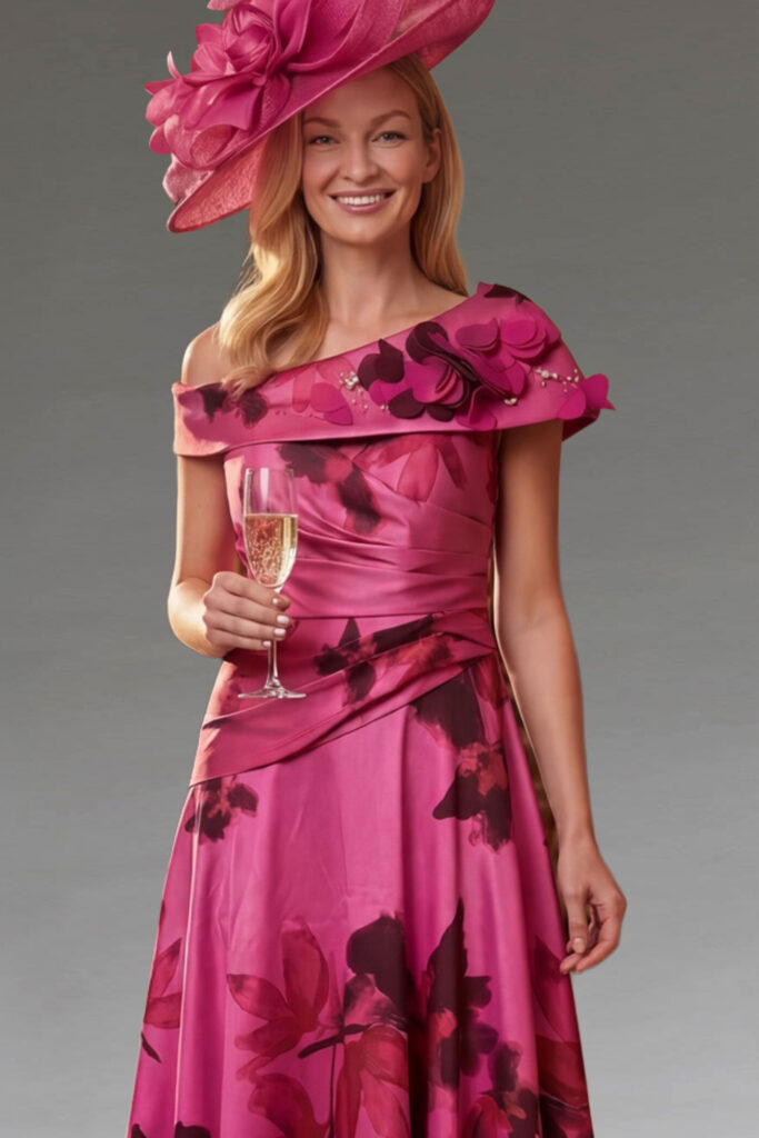 Woman in a pink floral dress and matching hat.
