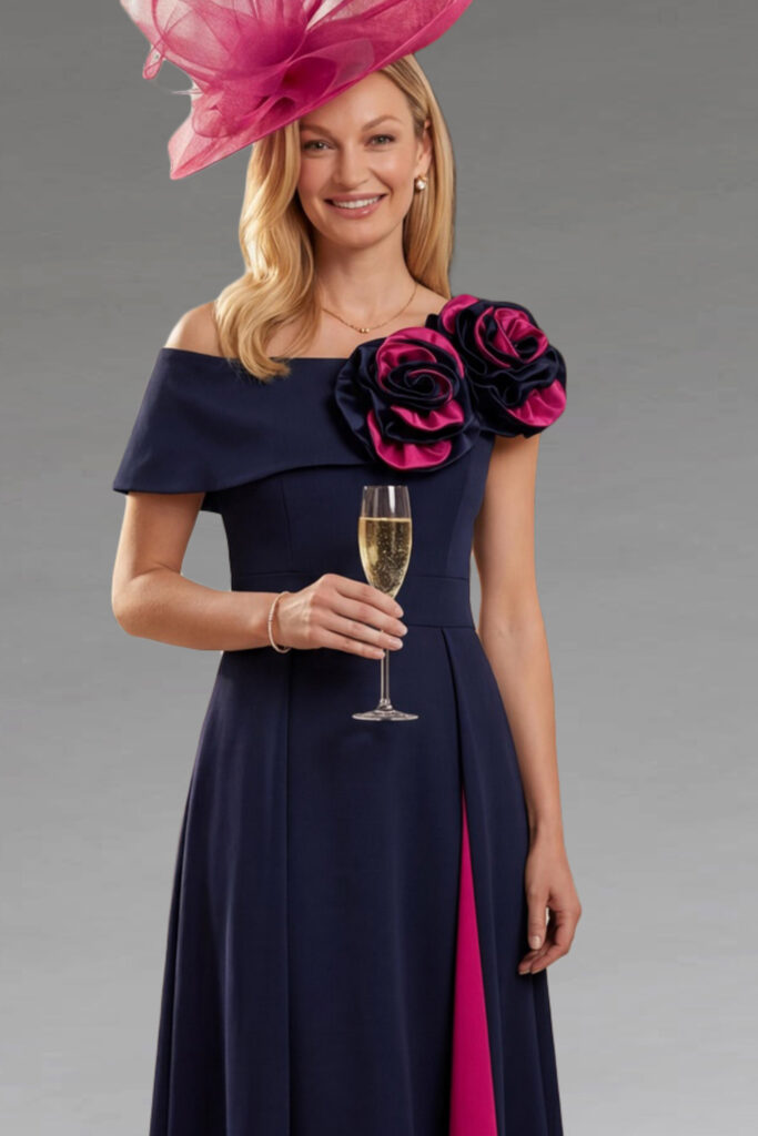 A woman in a navy dress and pink fascinator.