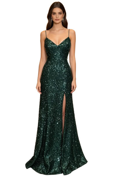 A woman wearing a full-length green sequin evening gown.