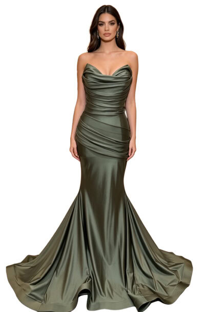 A woman wearing a strapless olive green fishtail gown.